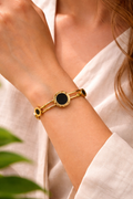 Luxury Roman Numeral Bangle Bracelet – Anti-tarnish Double Bar Cuff with Black Enamel Discs – Elegant Statement Jewelry for Women