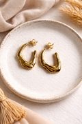 Anti-tarnish Organic Molten Gold Hoop Earrings for Women – Irregular Hammered Open Hoops, Statement Earrings