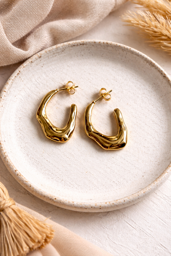Anti-tarnish Organic Molten Gold Hoop Earrings for Women – Irregular Hammered Open Hoops, Statement Earrings