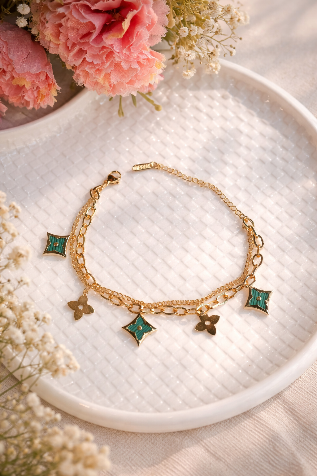 Layered Charm Bracelet for Women | Green Clover Dangle Chain Bracelet | Elegant Minimal Trendy Jewelry for Daily Wear & Gifting