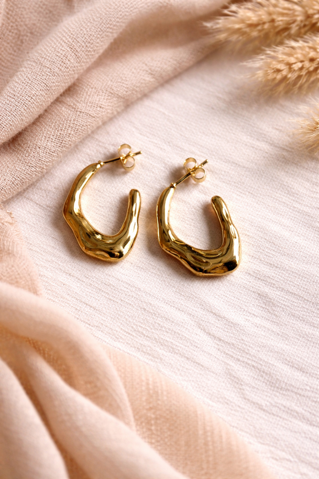 Anti-tarnish Organic Molten Gold Hoop Earrings for Women – Irregular Hammered Open Hoops, Statement Earrings