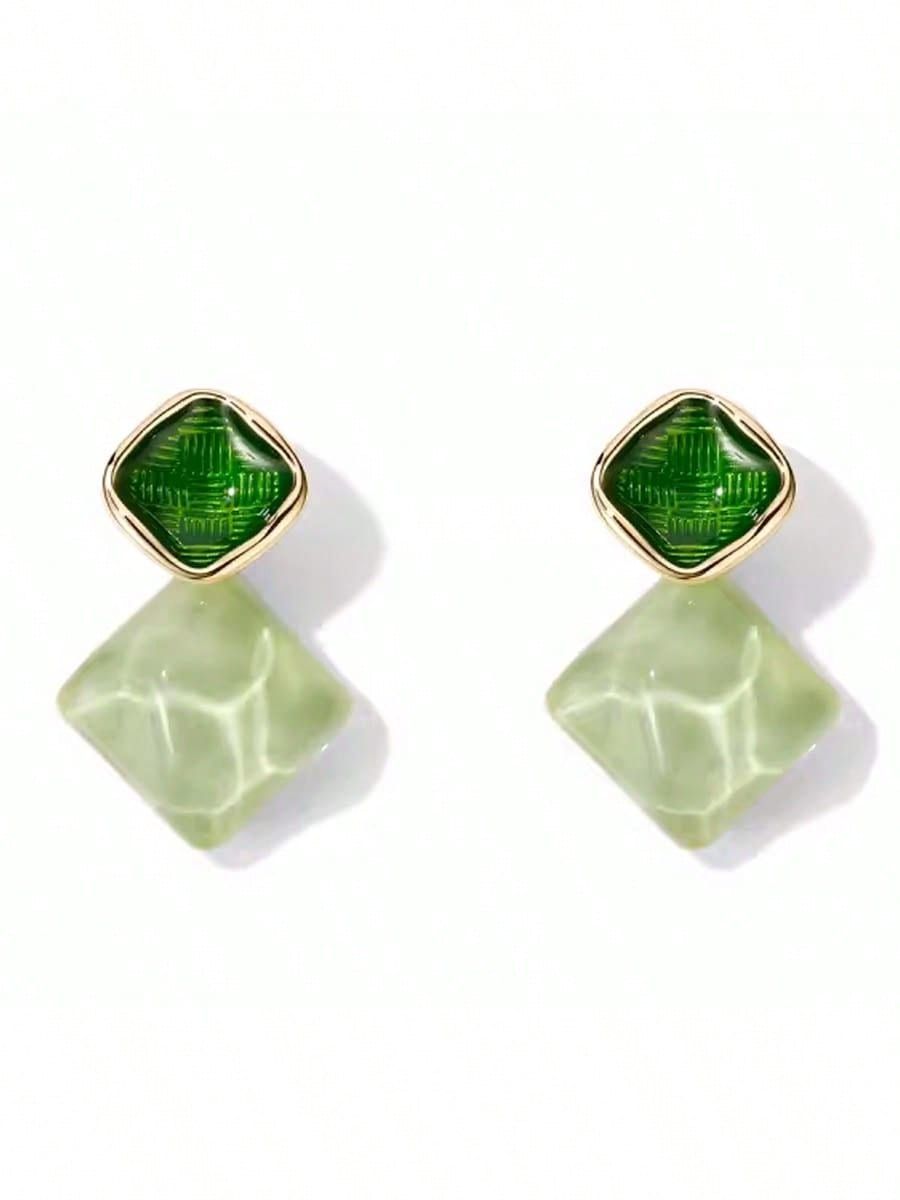 Geometric Two-Tone Green Drop Earrings | Trendy Korean Style Statement | Marbled Mint & Textured Emerald Studs