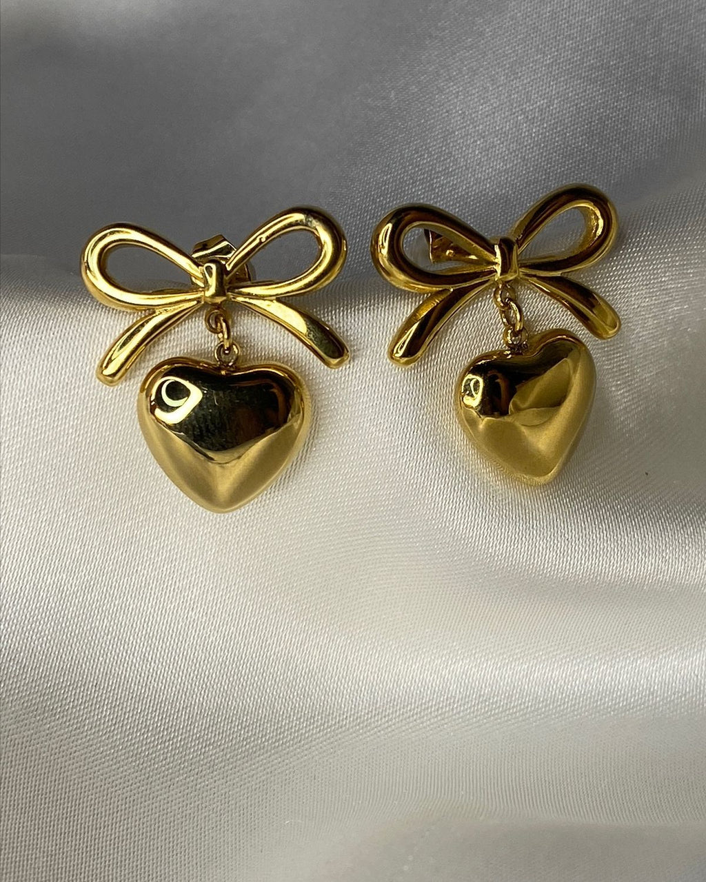 Bow Heart Gold Plated Drop Earrings for Women | Cute Ribbon Heart Dangle Earrings| Anyaura