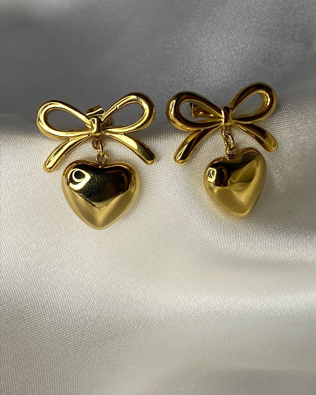 Bow Heart Gold Plated Drop Earrings for Women | Cute Ribbon Heart Dangle Earrings| Anyaura