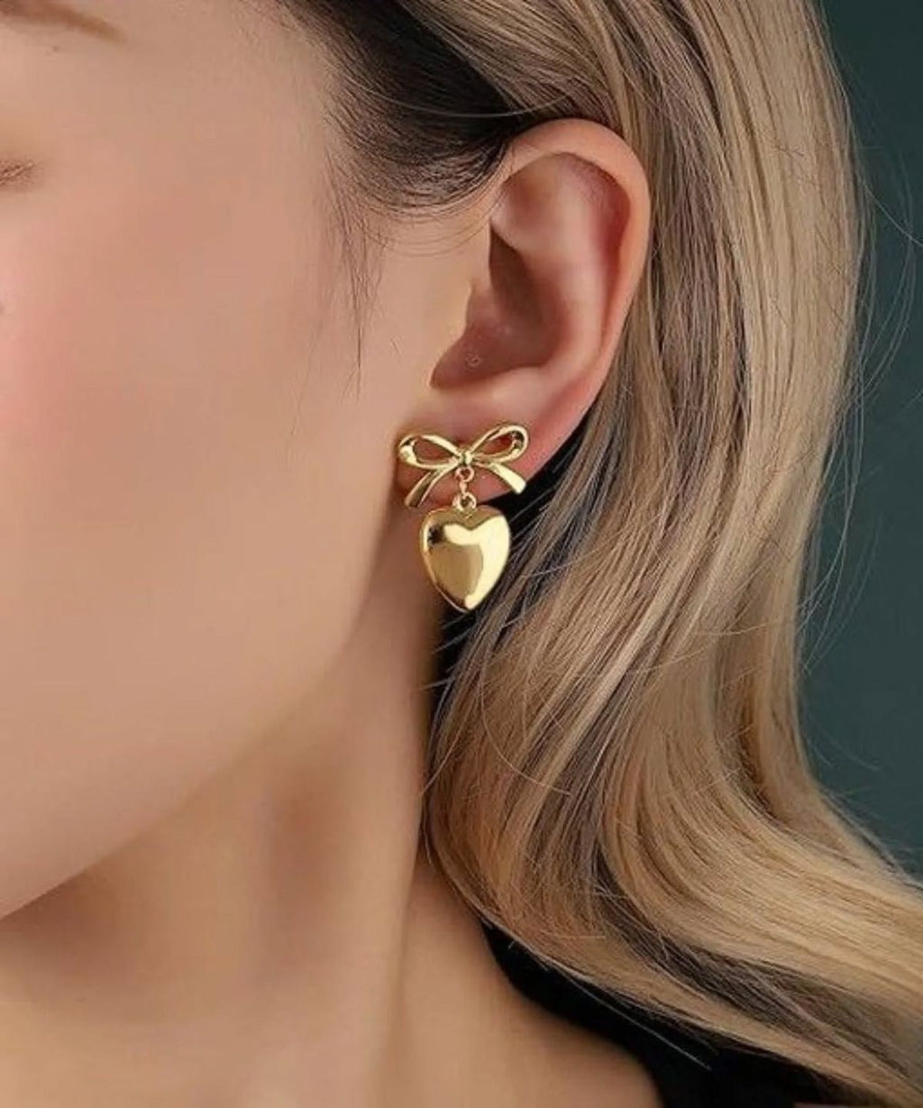 Bow Heart Gold Plated Drop Earrings for Women | Cute Ribbon Heart Dangle Earrings| Anyaura