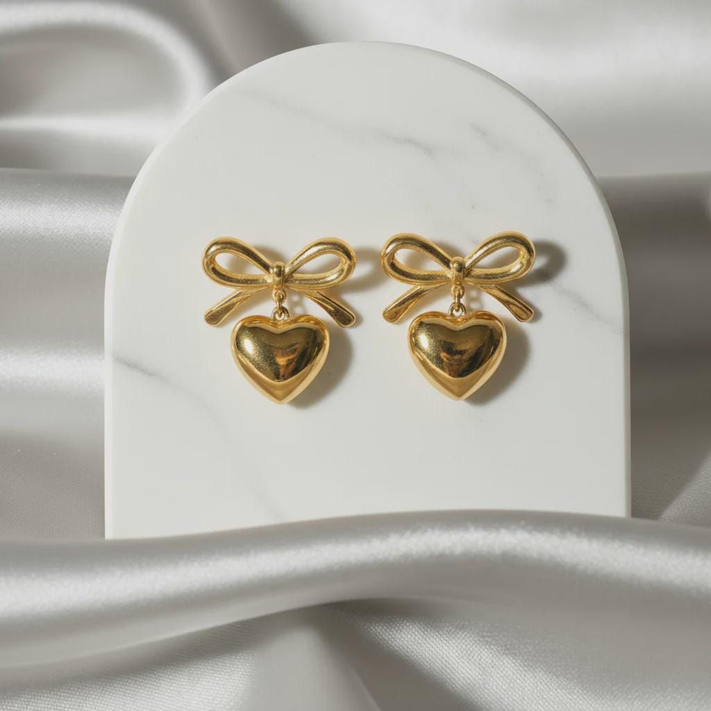 Bow Heart Gold Plated Drop Earrings for Women | Cute Ribbon Heart Dangle Earrings| Anyaura