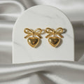 Bow Heart Gold Plated Drop Earrings for Women | Cute Ribbon Heart Dangle Earrings| Anyaura