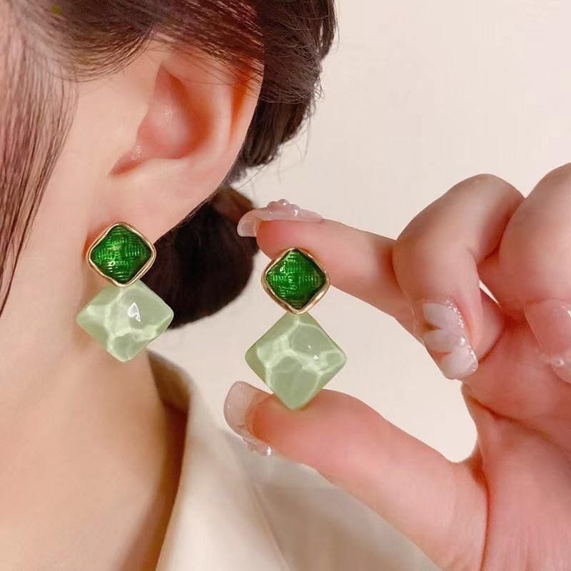 Geometric Two-Tone Green Drop Earrings | Trendy Korean Style Statement | Marbled Mint & Textured Emerald Studs