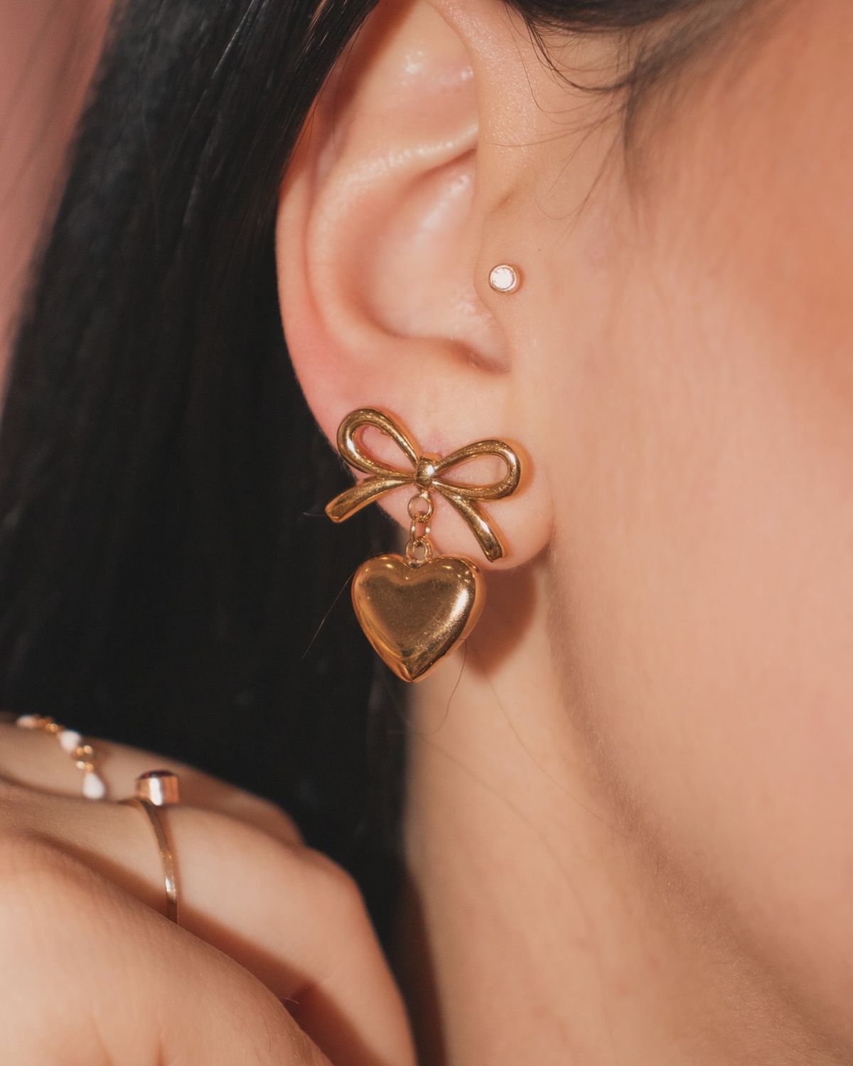 Bow Heart Gold Plated Drop Earrings for Women | Cute Ribbon Heart Dangle Earrings| Anyaura
