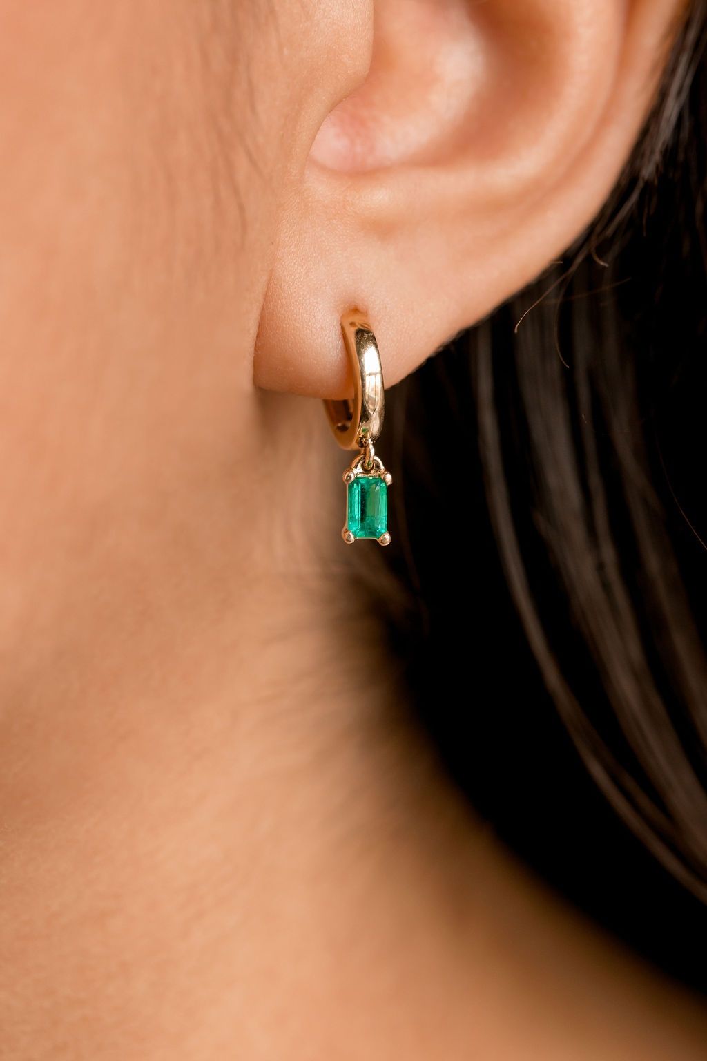 Emerald Cut Green Zirconia Huggie Hoop Earrings| Gold Dainty Drop Leverback Earrings for Women