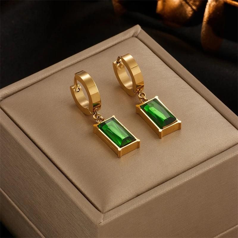 Emerald Cut Green Zirconia Huggie Hoop Earrings| Gold Dainty Drop Leverback Earrings for Women