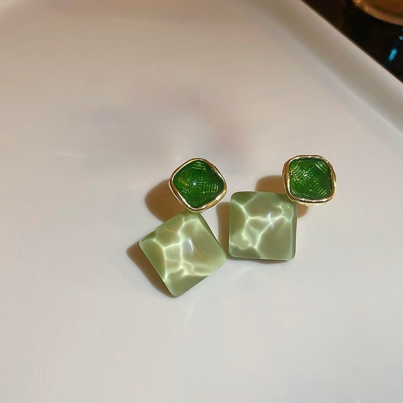 Geometric Two-Tone Green Drop Earrings | Trendy Korean Style Statement | Marbled Mint & Textured Emerald Studs