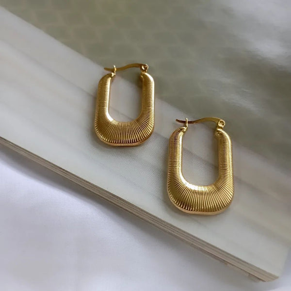 Gold Ribbed Rectangular Hoop Earrings – Fluted U-Shape Chunky Hoops, Vintage Italian Style Geometric Statement Jewelry,