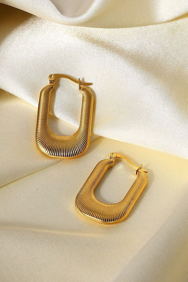 Gold Ribbed Rectangular Hoop Earrings – Fluted U-Shape Chunky Hoops, Vintage Italian Style Geometric Statement Jewelry,