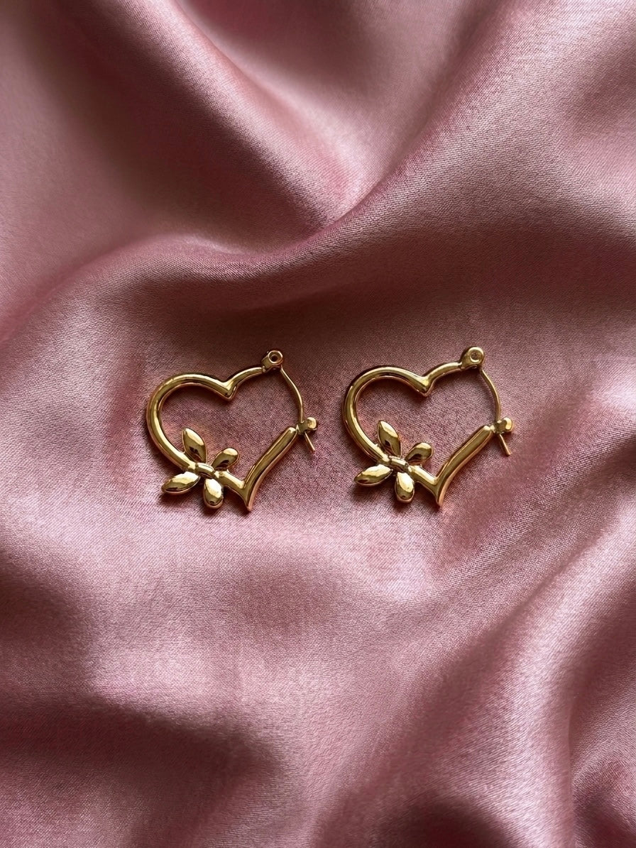 Anti-tarnish Gold Heart and Butterfly Hoop Earrings for Women –  Dainty Open Heart Hoops with Floral Butterfly Detail, Romantic Whimsical Jewelry,