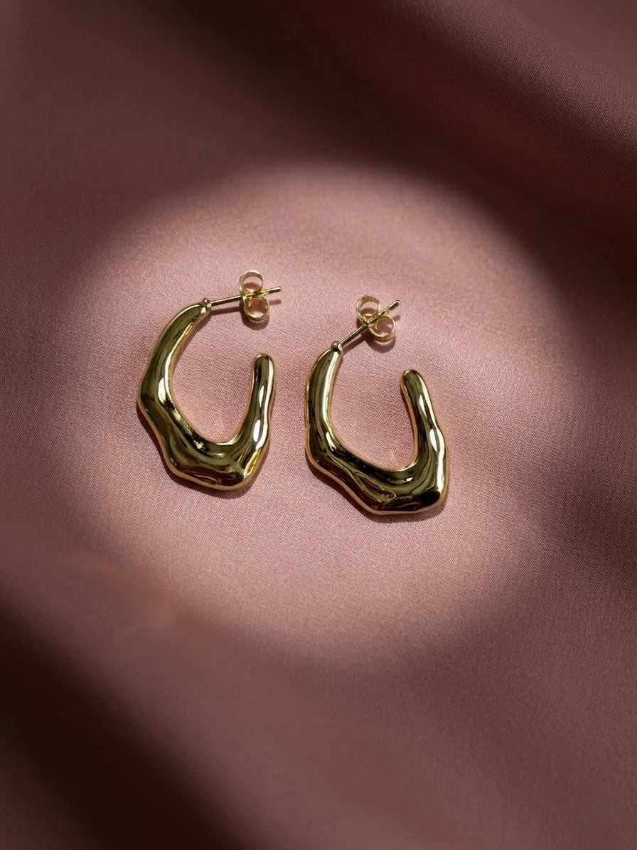 Anti-tarnish Organic Molten Gold Hoop Earrings for Women – Irregular Hammered Open Hoops, Statement Earrings