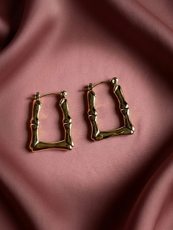 Anti-tarnish Gold Bamboo Trapezoid Hoop Earrings – Chunky Bamboo Style Door Knockers, Vintage Retro Geometric Hoops,