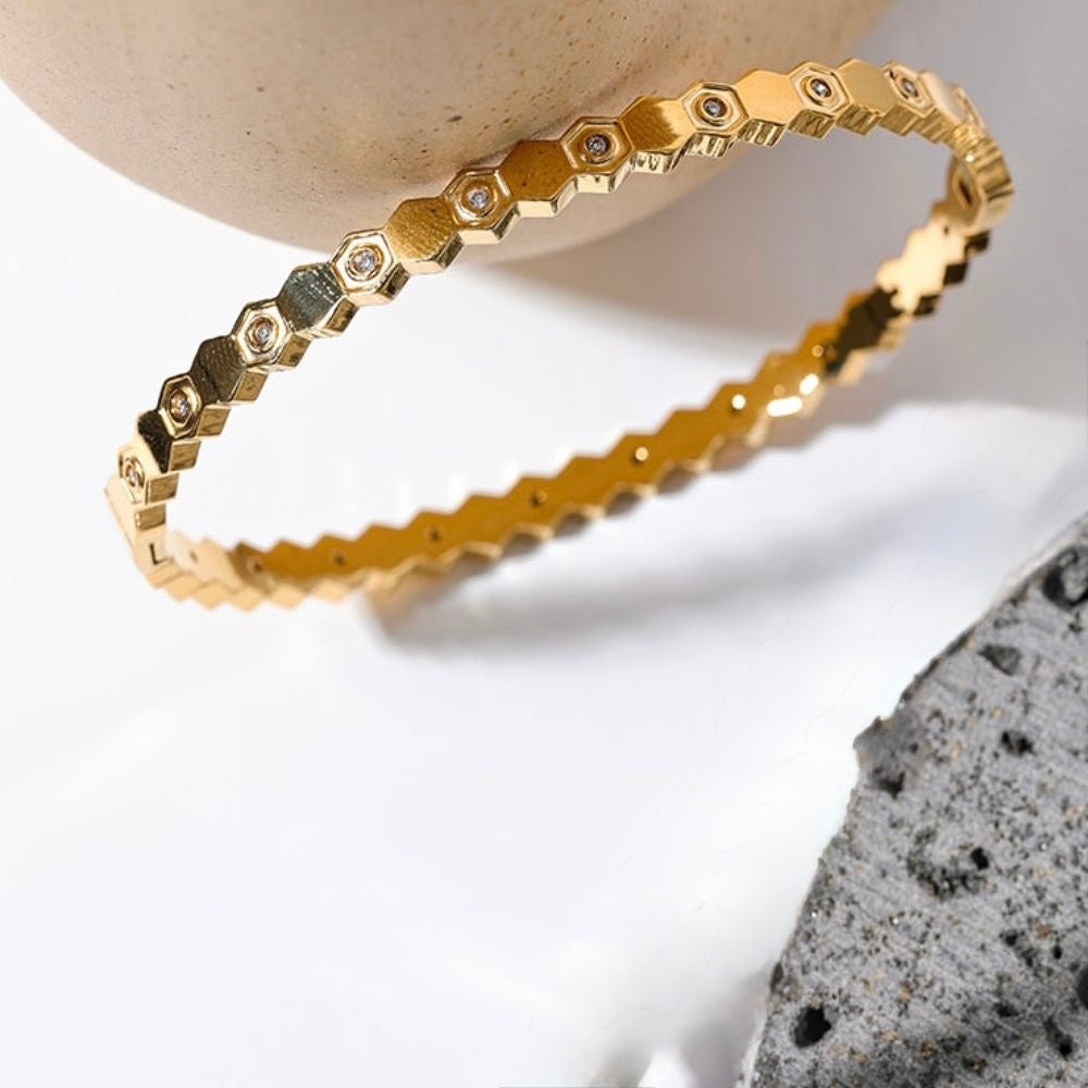 Geometric Crystal Bracelet for Women | Minimal Hexagon Design Cuff Bracelet | Elegant Slim Luxury Bangle