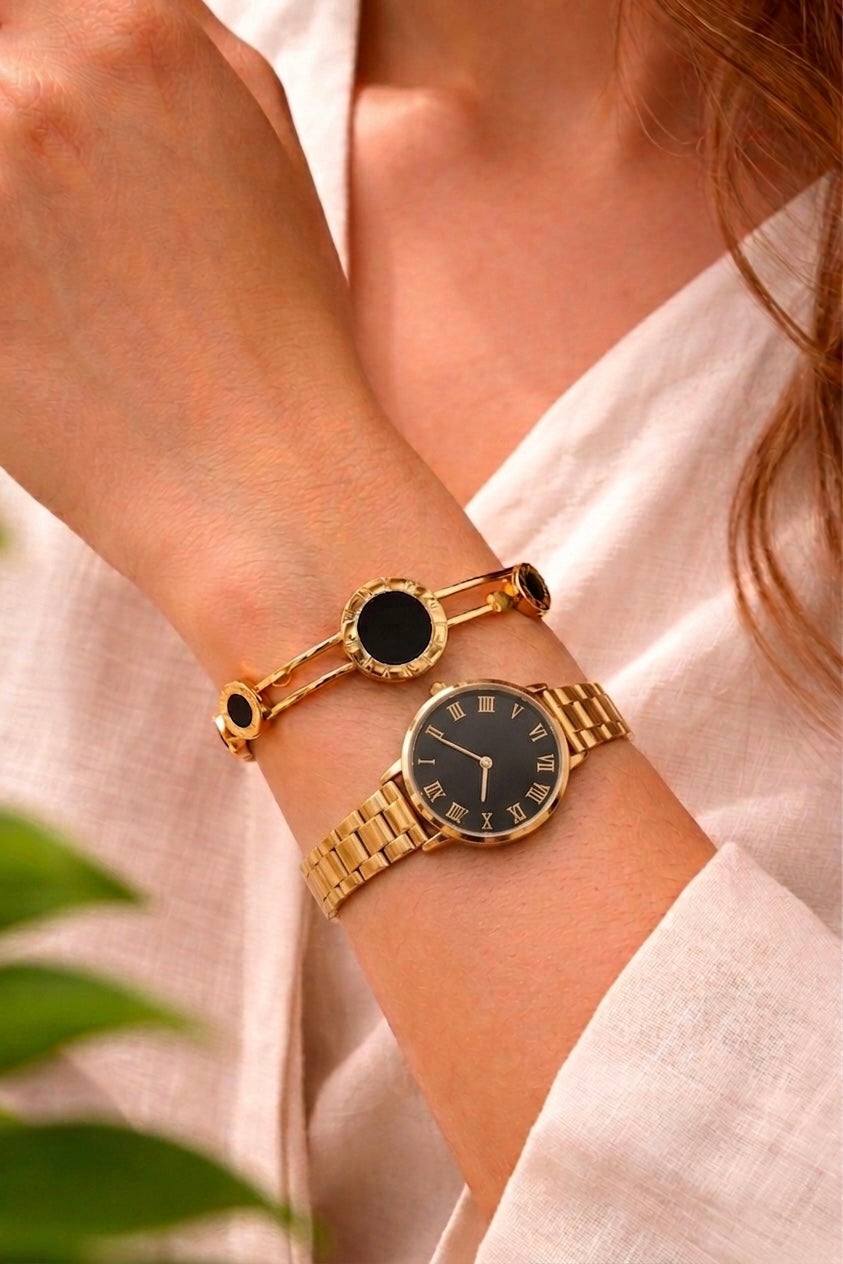 Luxury Roman Numeral Bangle Bracelet – Anti-tarnish Double Bar Cuff with Black Enamel Discs – Elegant Statement Jewelry for Women