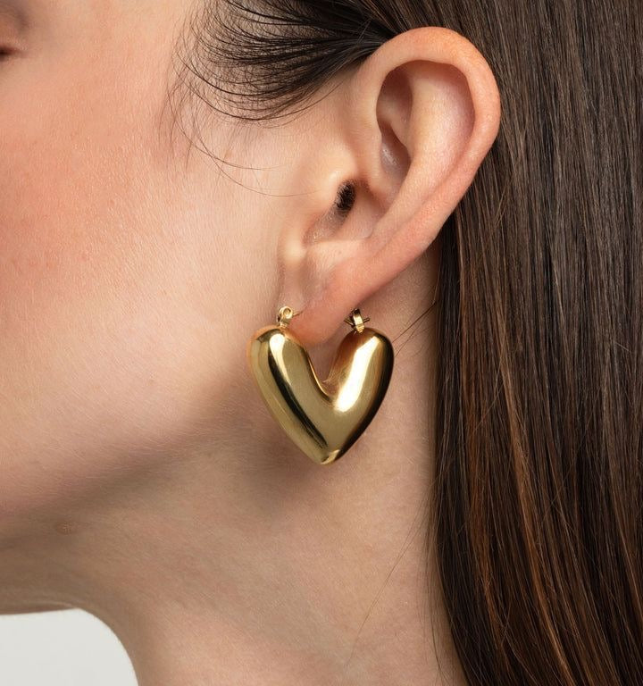 Anti-tarnish Gold Heart Hoop Earrings for Women – Bold Puff Heart Drop Hoops, Retro Modern Lightweight Statement Jewelry