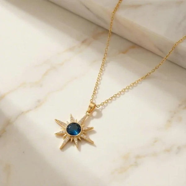 Gold Plated Starburst Pendant Necklace with Blue Crystal| Anyaura