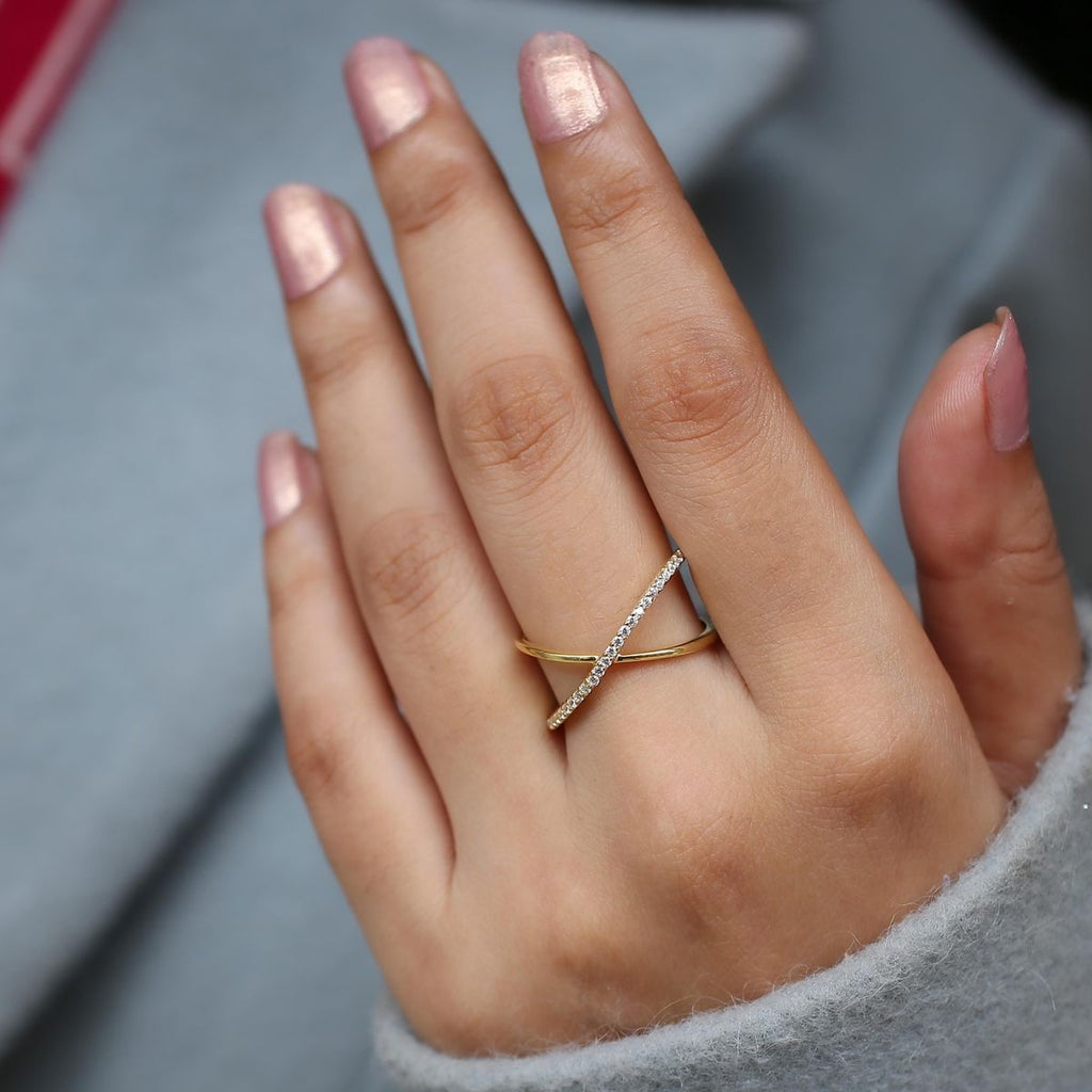 Crystal Cross Adjustable Ring for Women | Gold Plated Minimal Bar Ring | Anyaura