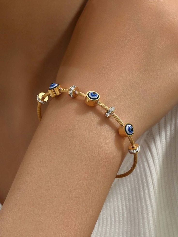 Evil Eye Gold Plated Bracelet for Women | Anti-Tarnish Stainless Steel Kada with Crystal Charms| Anyaura