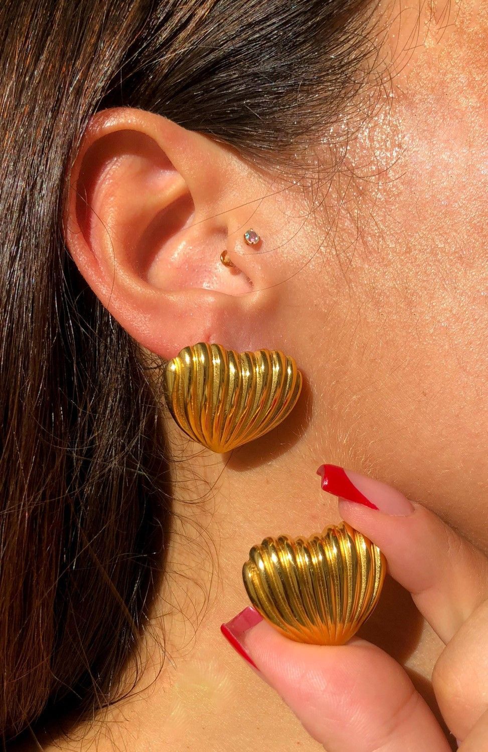 Textured Heart Gold Plated Stud Earrings for Women | Chunky Heart Statement Earrings | Anyaura