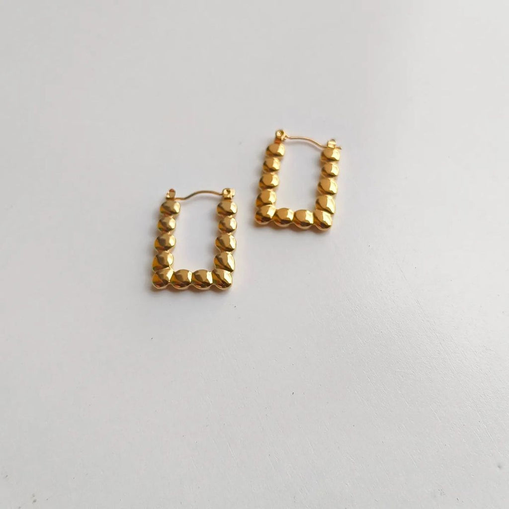 Anti-tarnish Gold-Tone Beaded Square Hoop Earrings – Chunky Geometric Statement Earrings for Women