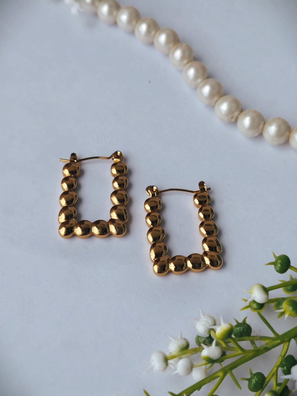 Anti-tarnish Gold-Tone Beaded Square Hoop Earrings – Chunky Geometric Statement Earrings for Women