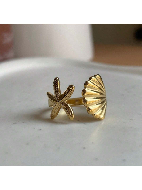Starfish & Shell Adjustable Ring for Women | Gold Plated Beach Style Open Ring | Anyaura