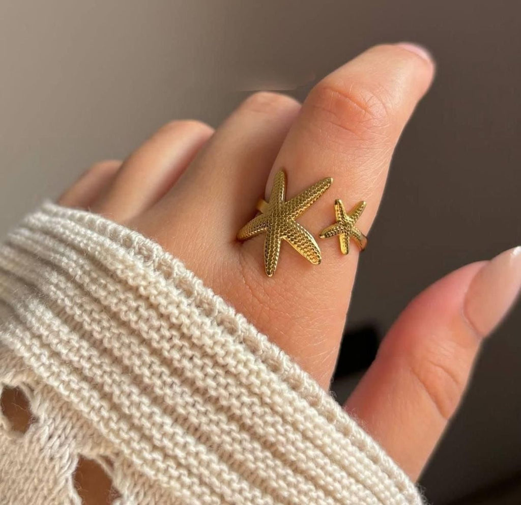 Starfish Adjustable Ring for Women | Gold Plated Sea Star Open Ring | Anyaura