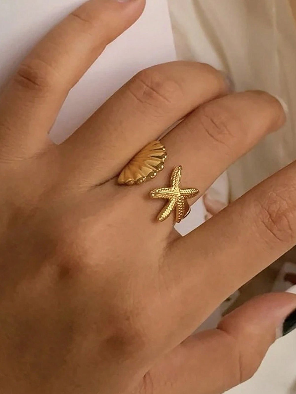 Starfish & Shell Adjustable Ring for Women | Gold Plated Beach Style Open Ring | Anyaura